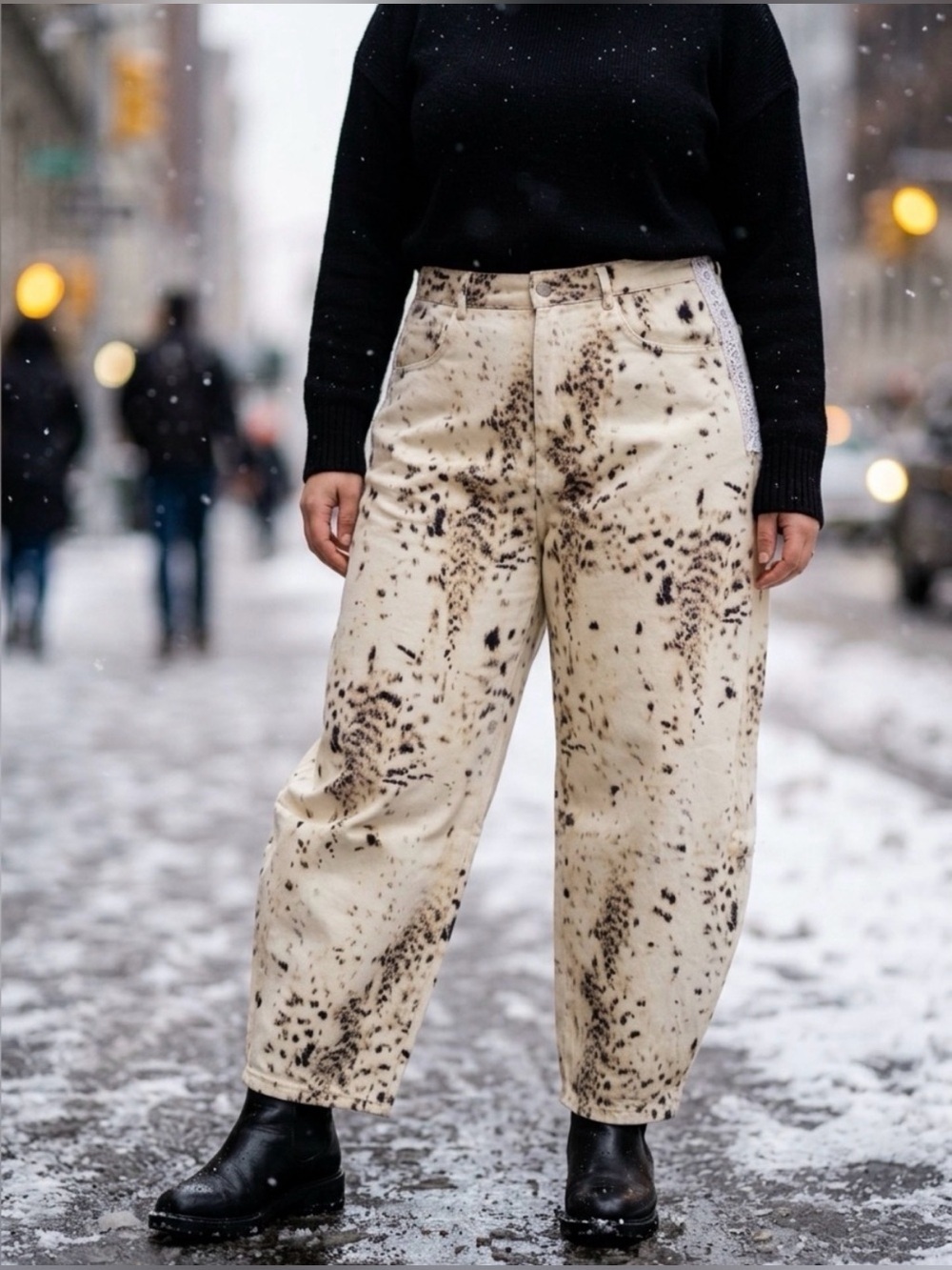 DAVI & DANI Snow Leopard Print Lace Trim Barrel Pants NWT FALL WINTER